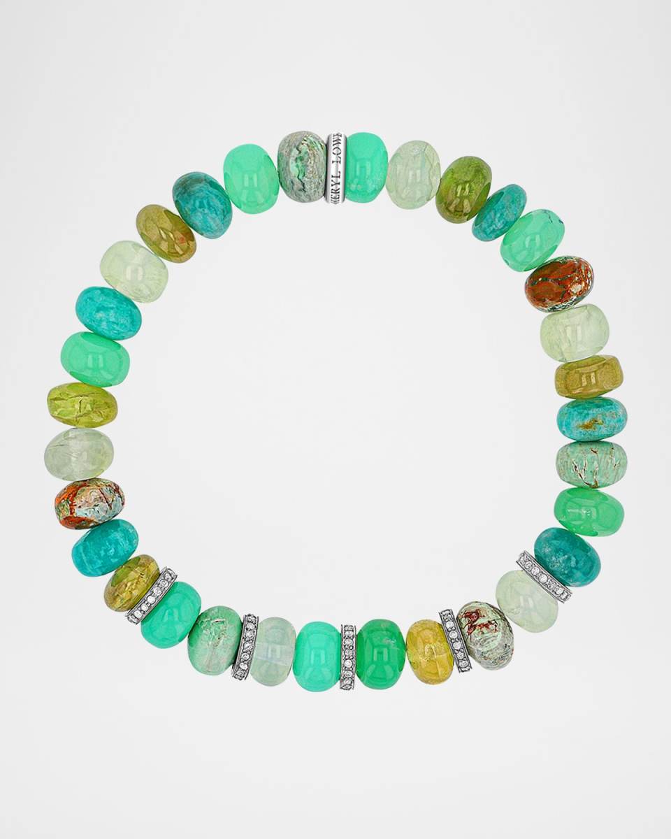 Mixed Green Bead Bracelet with Pave Diamond Rondelles